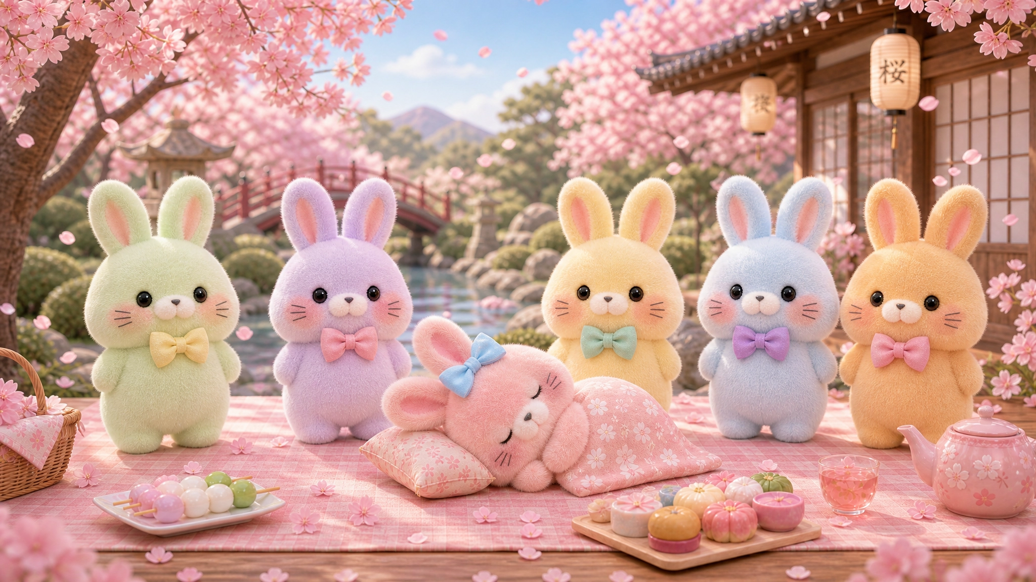 Sakura Rabbit characters at a cherry-blossom tea party