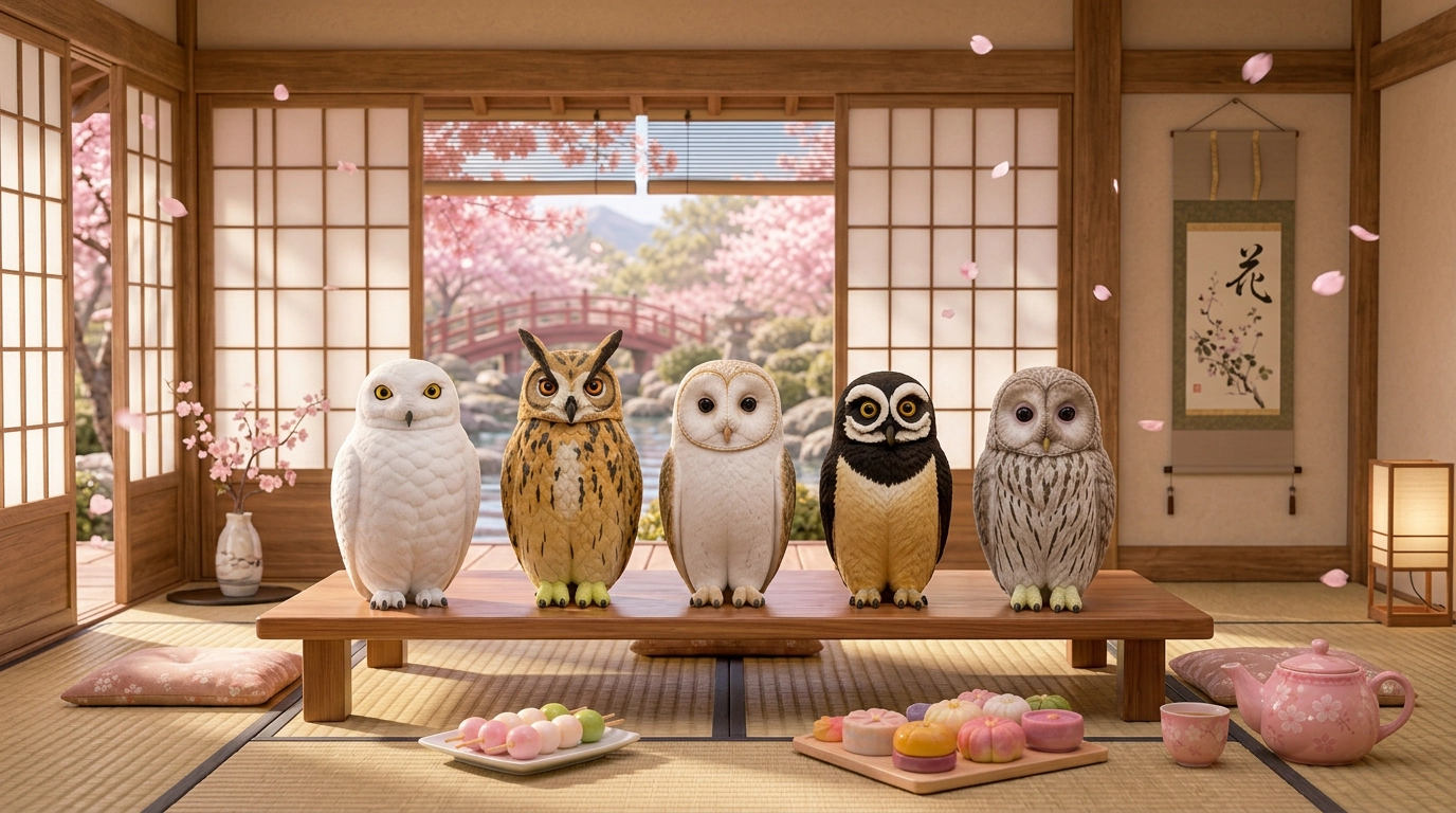 Owl Spirit characters among blossoms