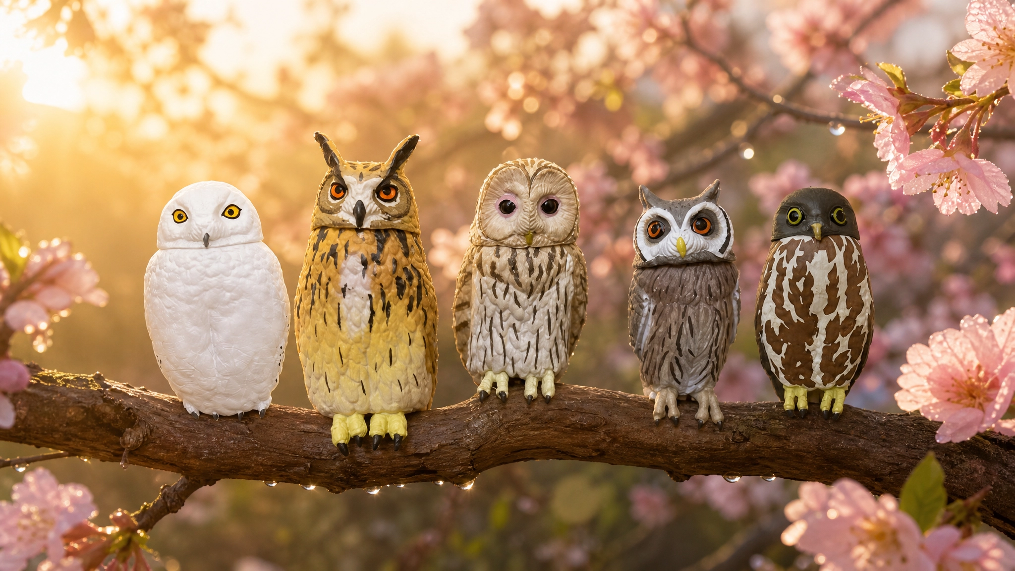 Owl Spirit characters among blossoms