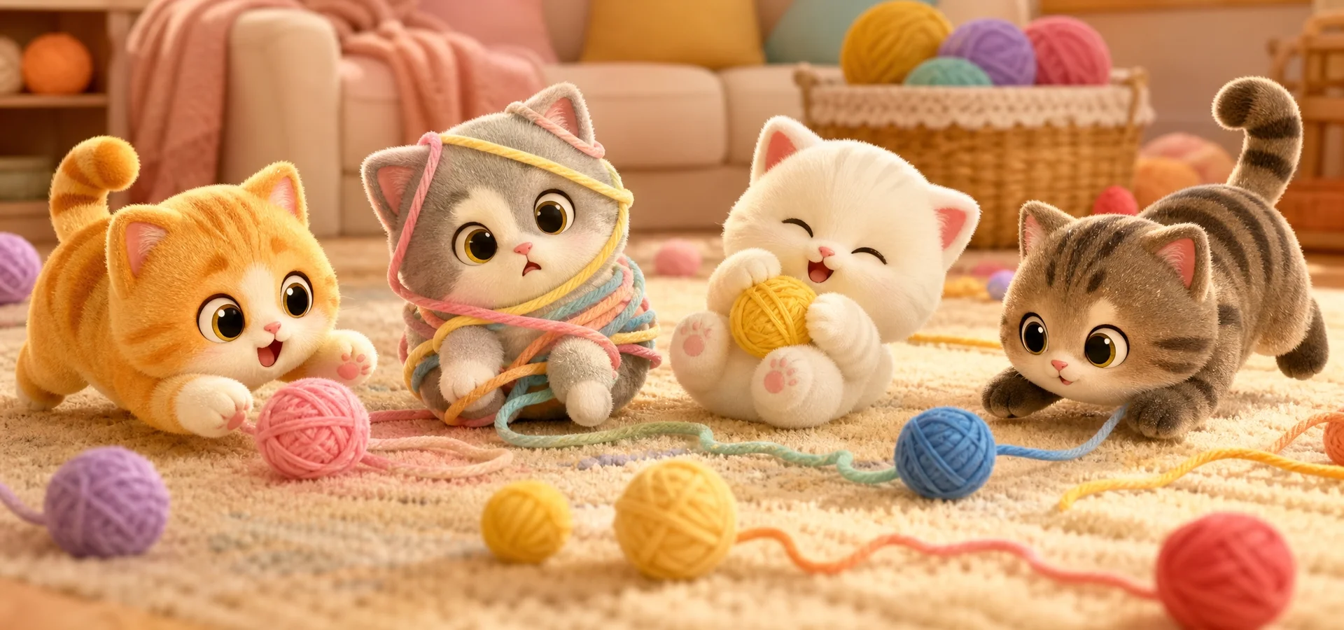 Afternoon Cat characters playing with yarn