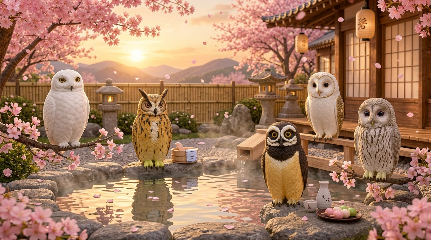 Owl Spirit characters among blossoms