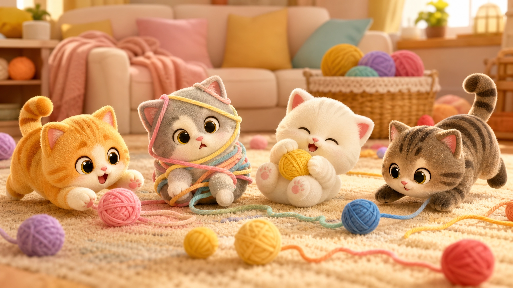 Afternoon Cat characters playing with yarn