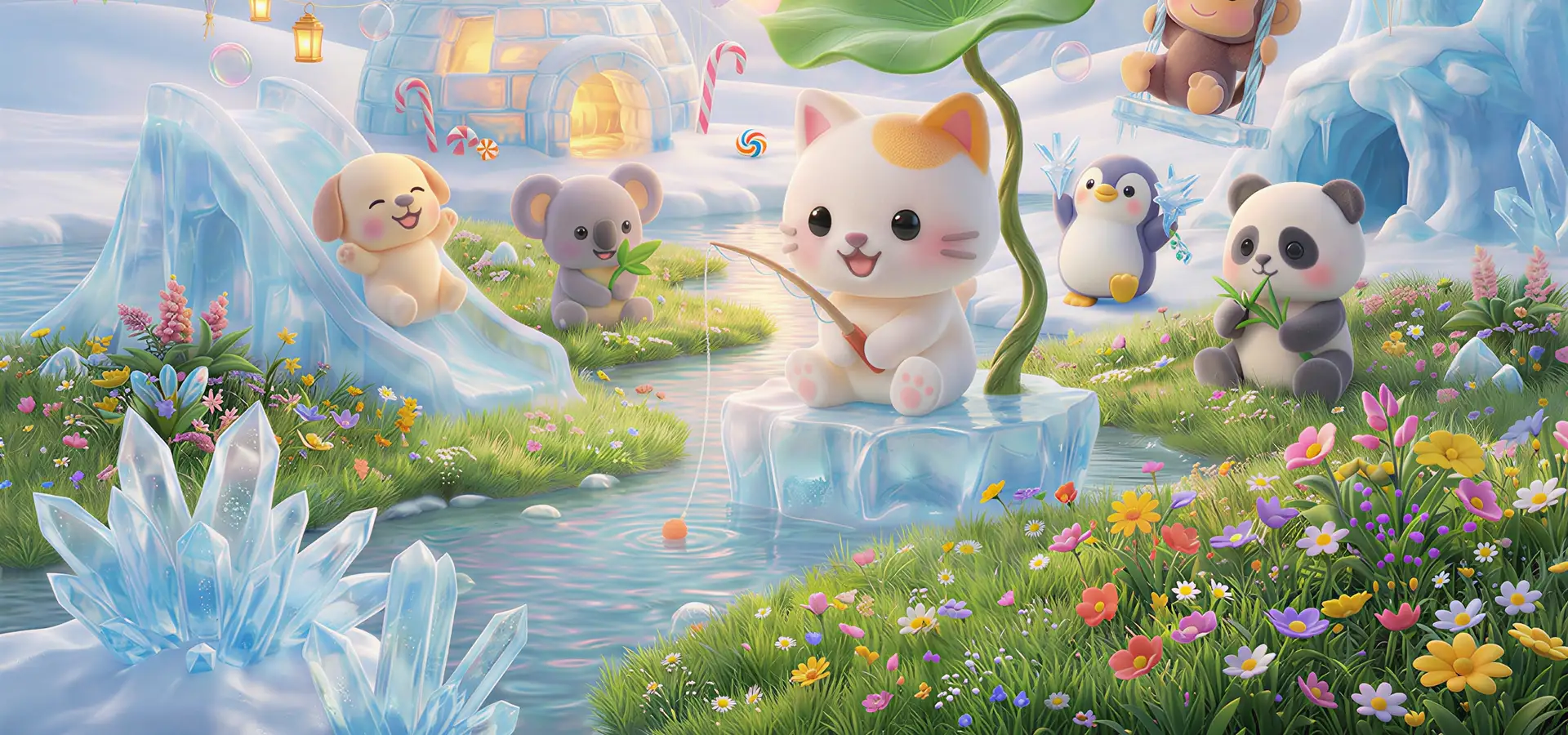 Capsule-toy characters in a snowy fantasy landscape