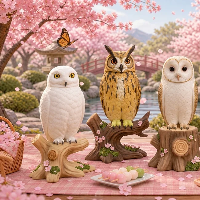Owl Spirit characters among blossoms